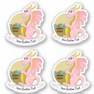 Cartoon pink dragon with treasure and text sticker