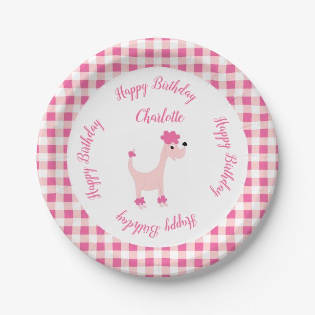 Cartoon pink poodle Posh Paws gingham birthday Paper Plate (Front)