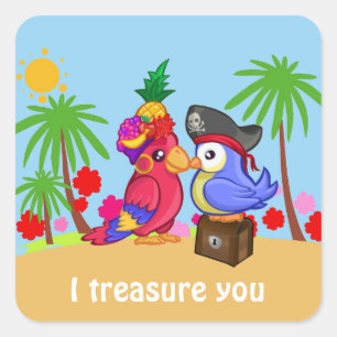 Cartoon Pirate Parrots Treasure Love Square Sticker