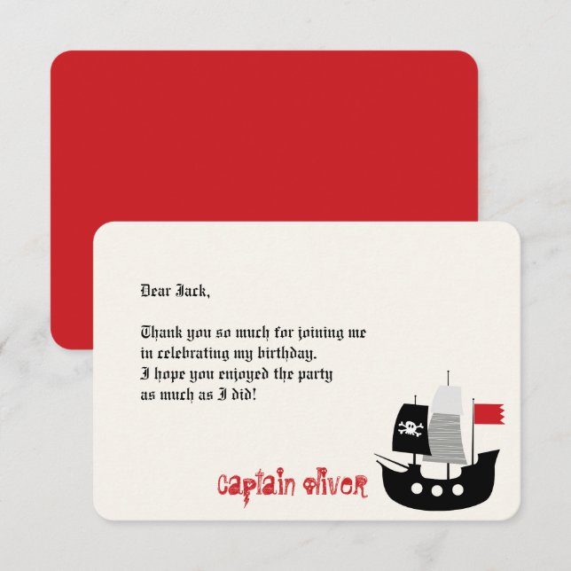 Cartoon Pirate Ship And Skeletons Kids Birthday Thank You Card (Front/Back)