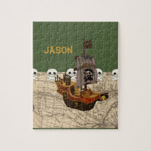 Cartoon Pirate Ship Customise Name Jigsaw Puzzle