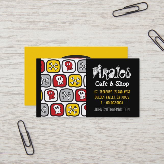 Cartoon Pirate Ship Skulls Bones Fun Colourful Boy Business Card (Front/Back In Situ)