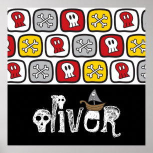 Cartoon Pirate Ship Skulls Bones Fun Colourful Poster