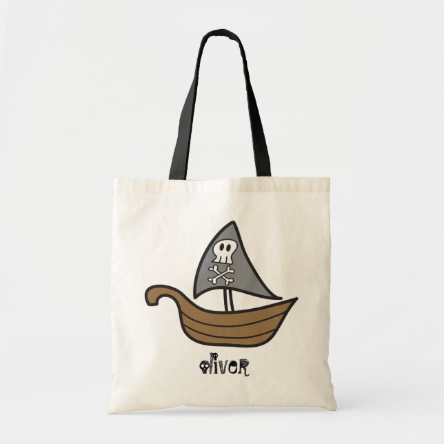 Cartoon Pirate Ship Skulls & Bones Halloween Party Tote Bag (Front)