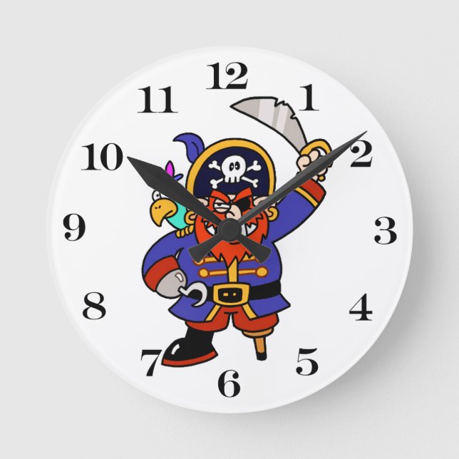 Cartoon Pirate With Peg Leg And Sword Round Clock (Front)