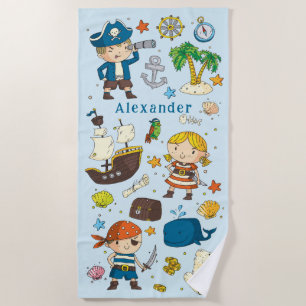 Cartoon Pirates Island Ship Kids Beach Towel