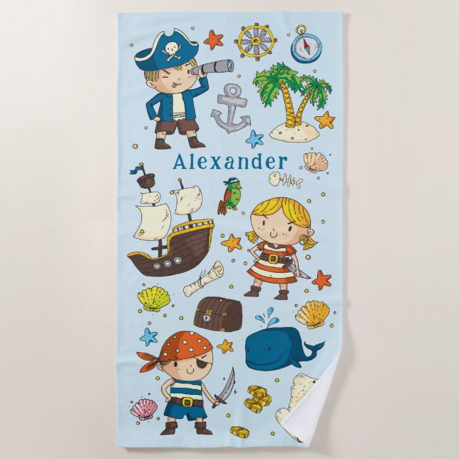 Cartoon Pirates Island Ship Kids Beach Towel (Front)