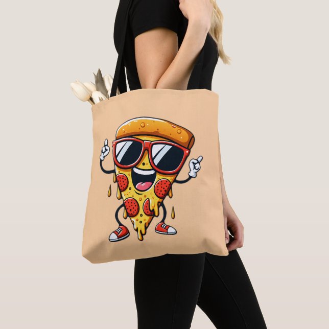 Cartoon Pizza Slice with Drip Cheese Vibes Tote Bag (Close Up)