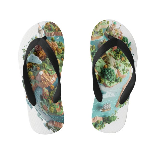 Cartoon Planet – Whimsical 3D Earth with Tiny Worl Kid's Flip Flops (Footbed)