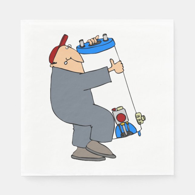 Cartoon Plumber Carrying Hot Water System Tank Napkin (Front)
