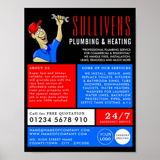 Cartoon Plumber, Plumber, Plumbing Advertising Poster (Front)