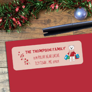 Cartoon Polar Bear Pink Holiday Return Address