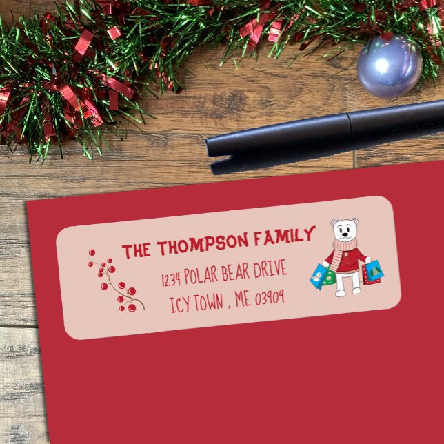 Cartoon Polar Bear Pink Holiday Return Address (Cute polar bear with shopping bags rose pink Holiday return address labels .)