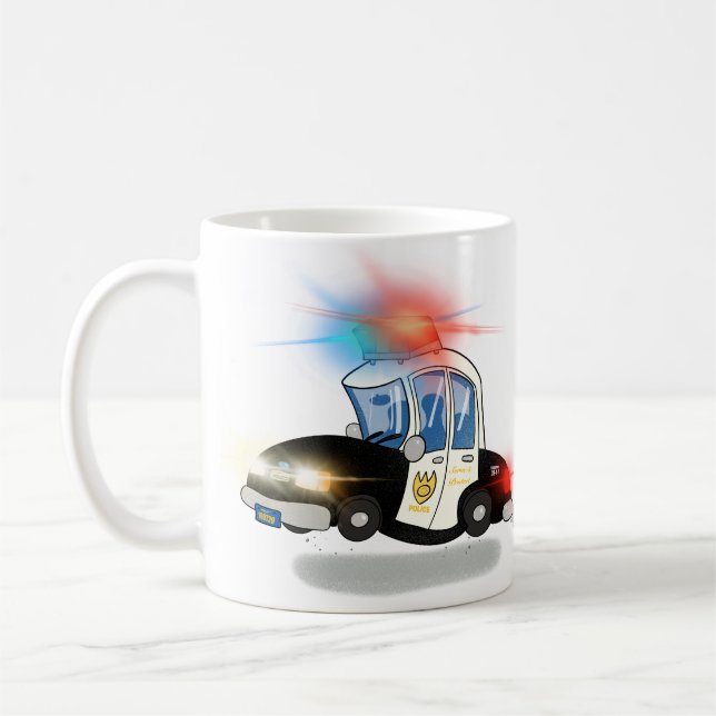 Cartoon Police Car and Fire Truck Coffee Mug (Left)