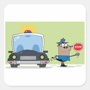 Cartoon Police Officer Holding Stop Sign Square Sticker