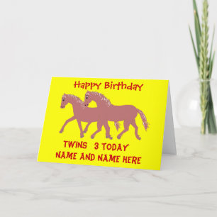 Cartoon ponies, smiling, twins birthday customise card