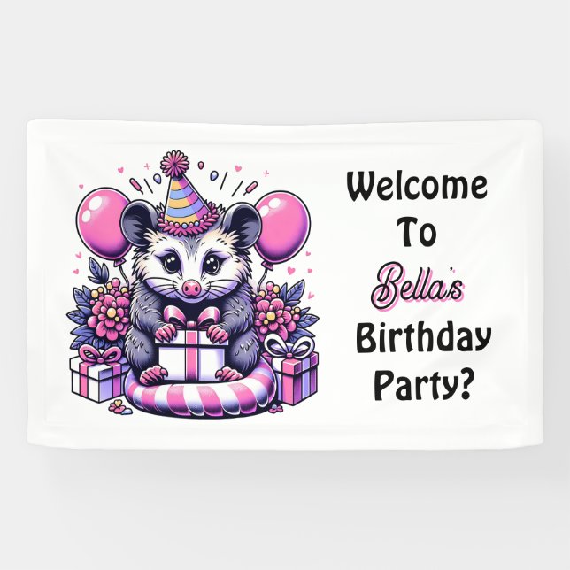 Cartoon Possum Girl's Birthday Party Welcome Banner (Horizontal)