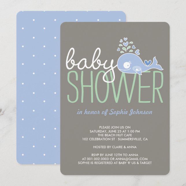 Cartoon Pregnant Blue Mummy Whale Boy Baby Shower Invitation (Front/Back)