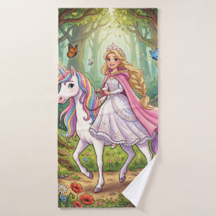 Cartoon Princess Riding on the Unicorn Bath Towel Set