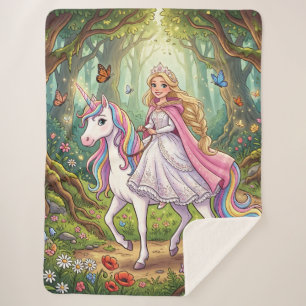 Cartoon Princess Riding on the Unicorn Sherpa Blanket