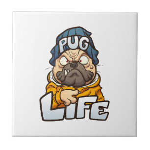 cartoon pug dog with angry face wearing a beanie a tile