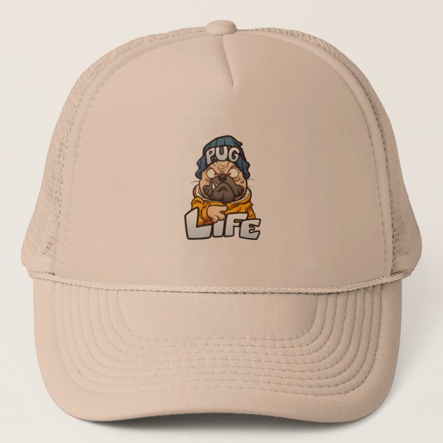cartoon pug dog with angry face wearing a beanie a trucker hat (Front)