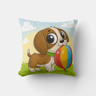 Cartoon Puppy Holding a Colourful Ball Cute Playfu Cushion