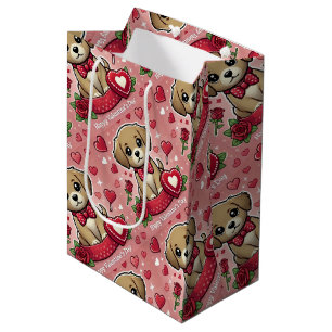 Cartoon Puppy with Valentine's Day Hearts Medium Gift Bag
