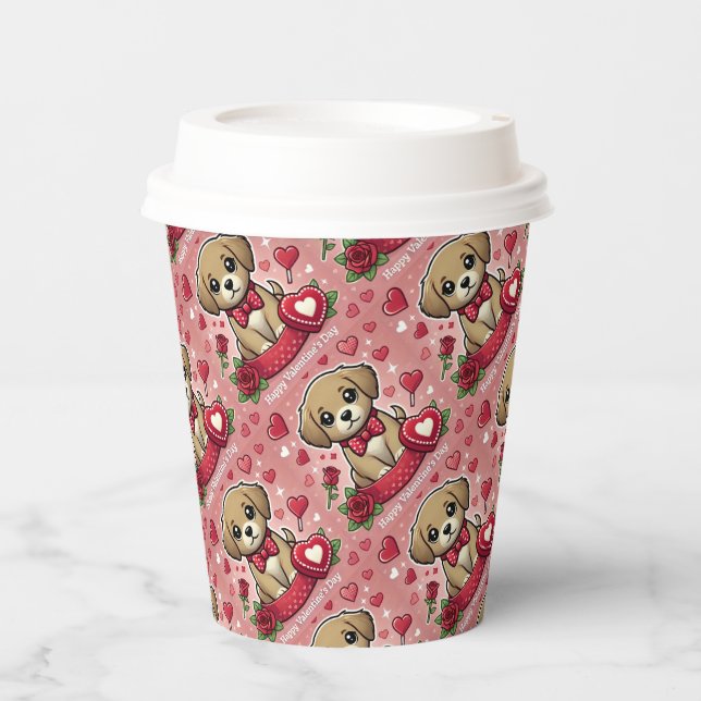 Cartoon Puppy with Valentine's Day Hearts Paper Cups (Front)