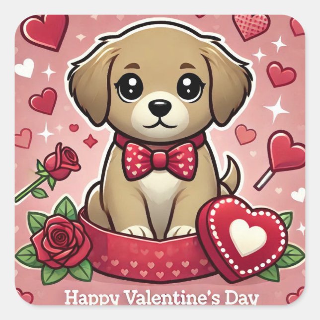 Cartoon Puppy with Valentine's Day Hearts Square Sticker (Front)