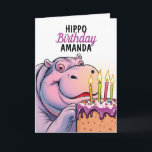 Cartoon Purple Cake Funny Hippo Birthday Card<br><div class="desc">A hippo eagerly reaching for a giant birthday cake,  with a mischievous grin and candles glowing brightly. A playful design that’s great for celebrating a birthday filled with fun and cake.</div>