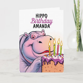 Cartoon Purple Cake Funny Hippo Birthday Card