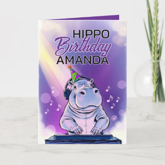 Cartoon Purple Dj Hippo Birthday Card