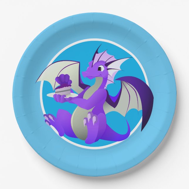 Cartoon Purple Dragon with Cake Blue Paper Plates (Front)