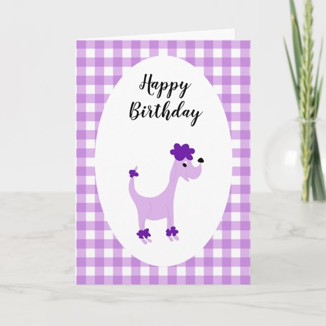 Cartoon purple poodle Posh Paws purple birthday Card (Front)