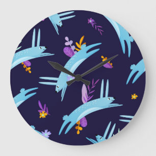 Cartoon rabbit bunny, seamless pattern. large clock