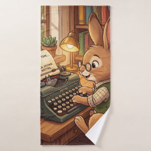 Cartoon Rabbit Typing in a Retro Typewriter Bath Towel Set