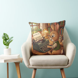 Cartoon Rabbit Typing in a Retro Typewriter Cushion