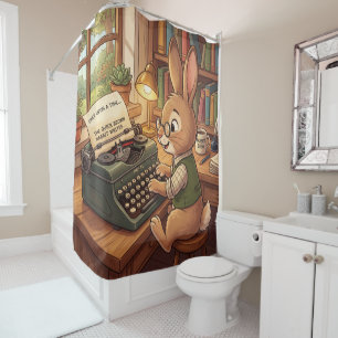 Cartoon Rabbit Typing in a Retro Typewriter Shower Curtain