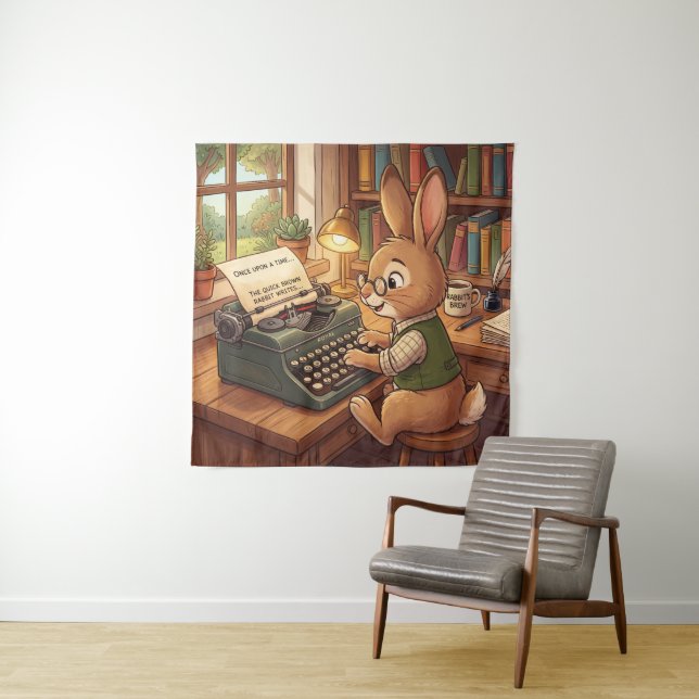Cartoon Rabbit Typing in a Retro Typewriter Tapestry (In Situ)