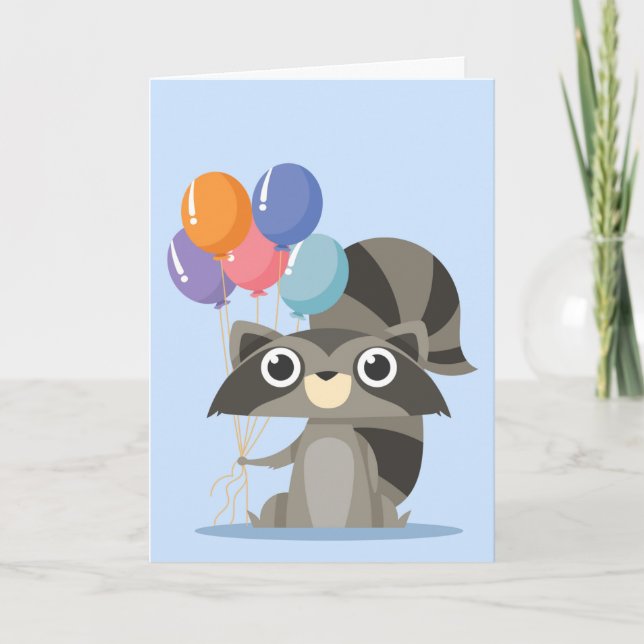 Cartoon Raccoon with Balloons Happy Birthday Card (Front)