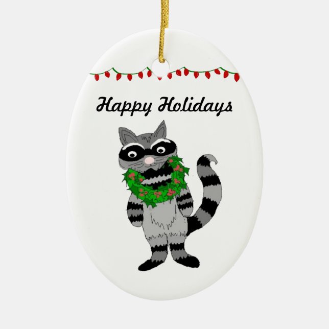 Cartoon Racoon Decked for the Holidays Ceramic Tree Decoration (Front)