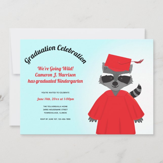 Cartoon Racoon Red Black Blue Kid Graduation Invitation (Front)
