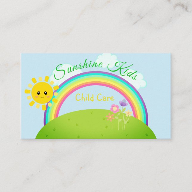 Cartoon Rainbow and Sunshine Child Daycare Business Card (Front)