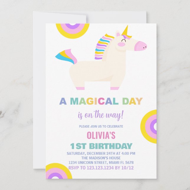 Cartoon Rainbow Unicorn Birthday Invitations (Front)