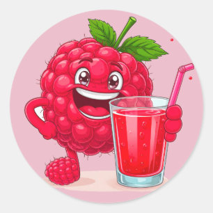 Cartoon Raspberry Character With a Smoothie Classic Round Sticker