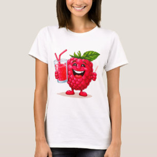 Cartoon Raspberry Character With a Smoothie T-Shirt
