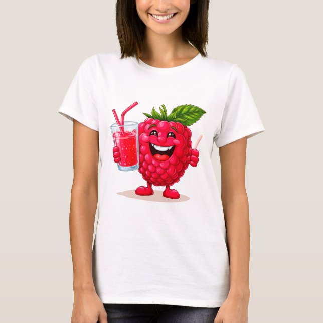 Cartoon Raspberry Character With a Smoothie T-Shirt (Front)