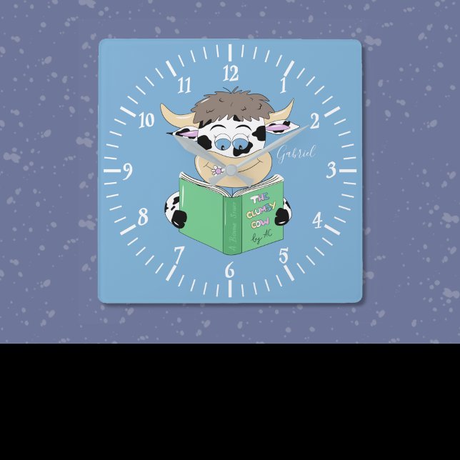 Cartoon Reading Cow Boy Blue Square Wall Clock (Cartoon reading cow blue square wall clock . )