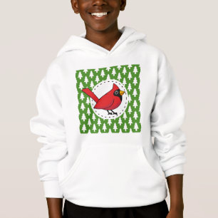 Cartoon Red Cardinal on Green White Pines Pattern